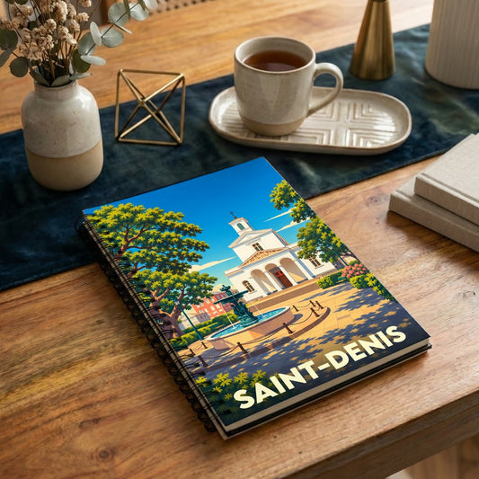 Carnet à spirales souvenir de la ville de Saint-Denis avec une illustration stylisée d'une place ensoleillée et de sa cathédrale.