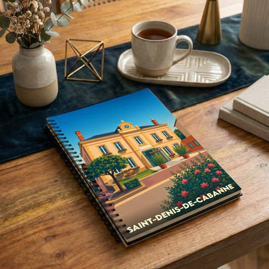 Carnet souvenir de la ville de Saint-Denis-de-Cabanne avec une illustration stylisée de sa mairie.