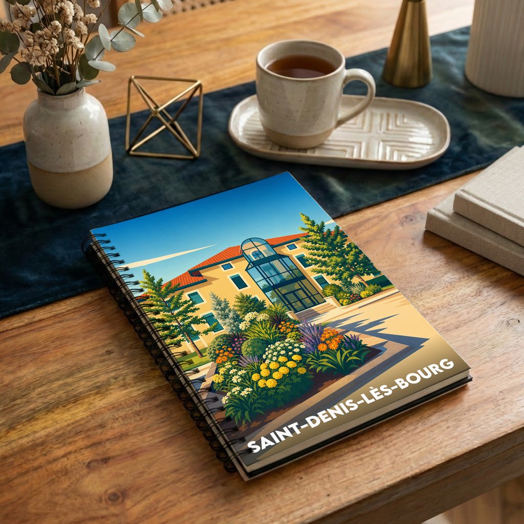 Carnet à spirales souvenir de la ville de Saint-Denis-lès-Bourg avec une illustration colorée et stylisée.