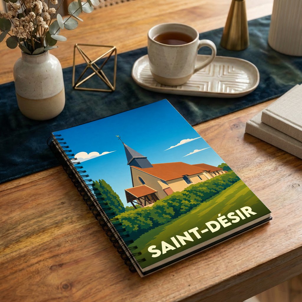 Carnet souvenir de la ville de Saint-Désir illustré d'un dessin stylisé de son église.