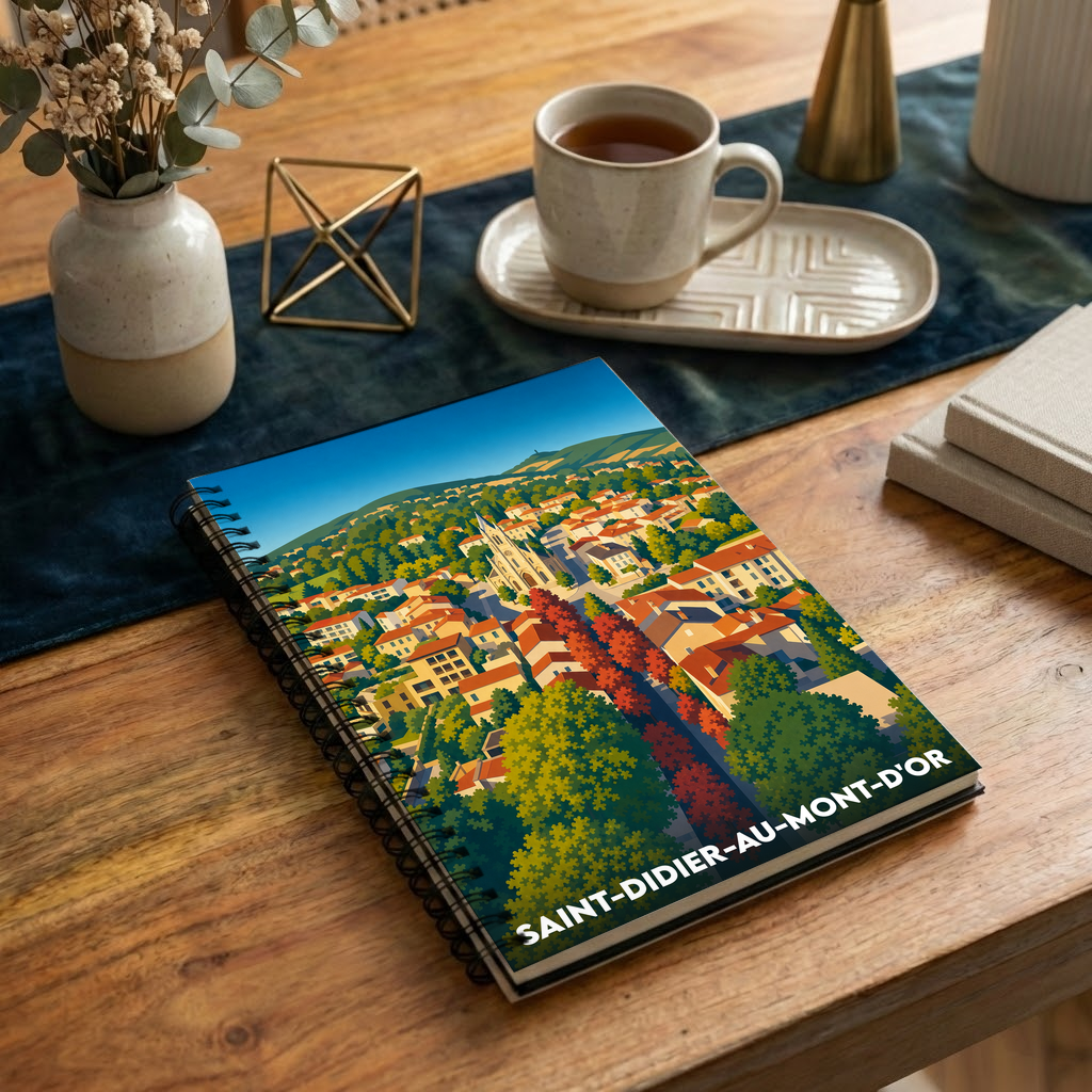 Carnet à spirales souvenir de la ville de Saint-Didier-au-Mont-d'Or avec une illustration colorée et stylisée.