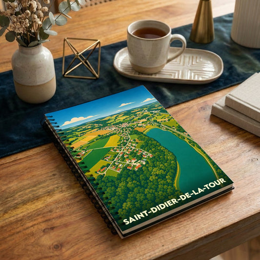 Carnet souvenir de la ville de Saint-Didier-de-la-Tour avec une illustration stylisée d'un paysage de campagne vue du ciel.