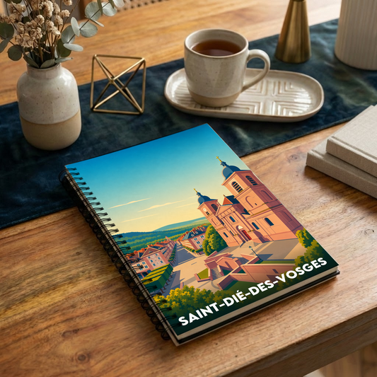 Carnet souvenir de la ville de Saint-Dié-des-Vosges avec une illustration stylisée.