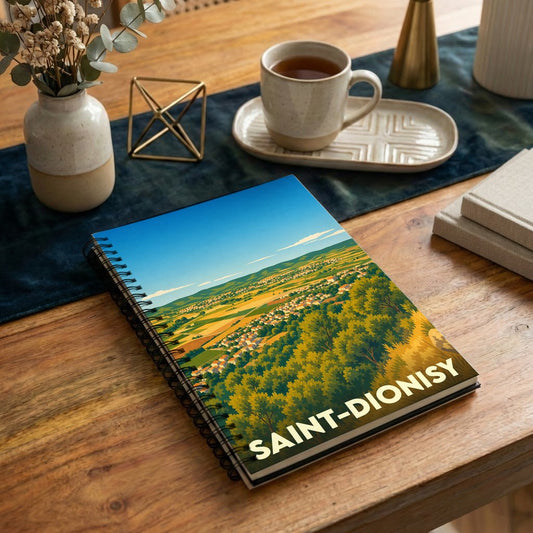 Carnet de notes à spirales souvenir de la ville de Saint-Dionisy avec une illustration de paysage stylisée.