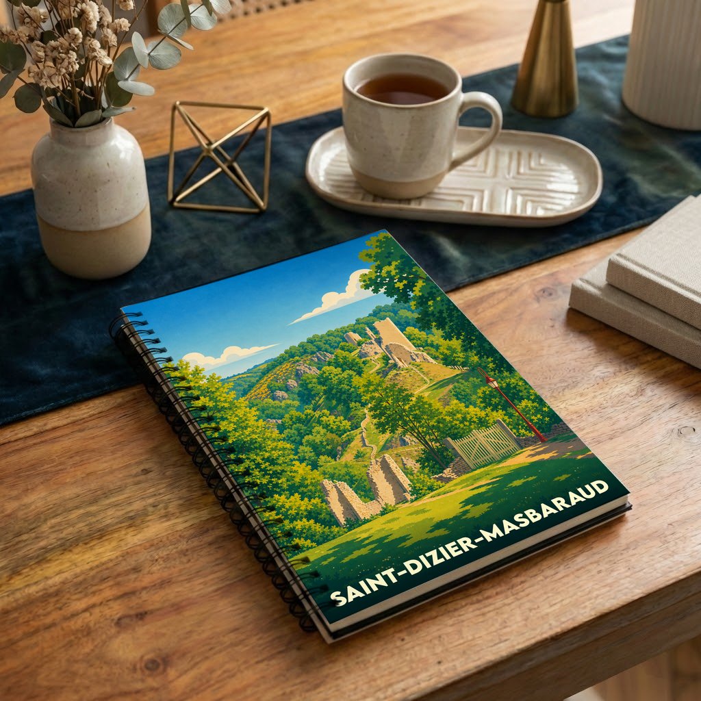 Carnet souvenir de la ville de Saint-Dizier-Masbaraud avec une illustration stylisée de paysages et de ruines.