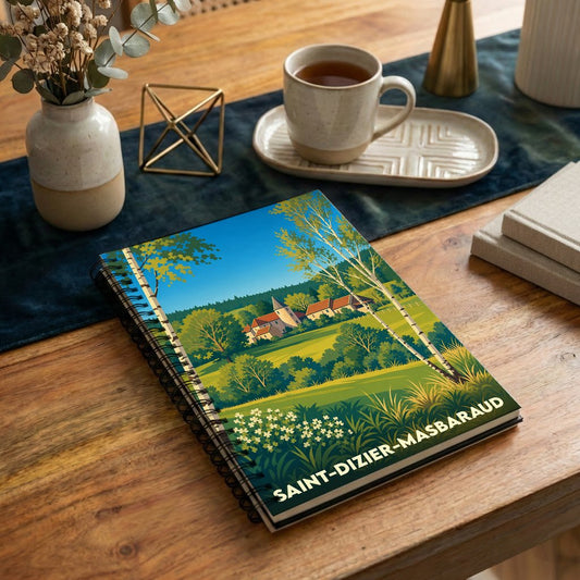 Carnet de notes à spirales souvenir de Saint-Dizier-Masbaraud avec une illustration de paysage champêtre.