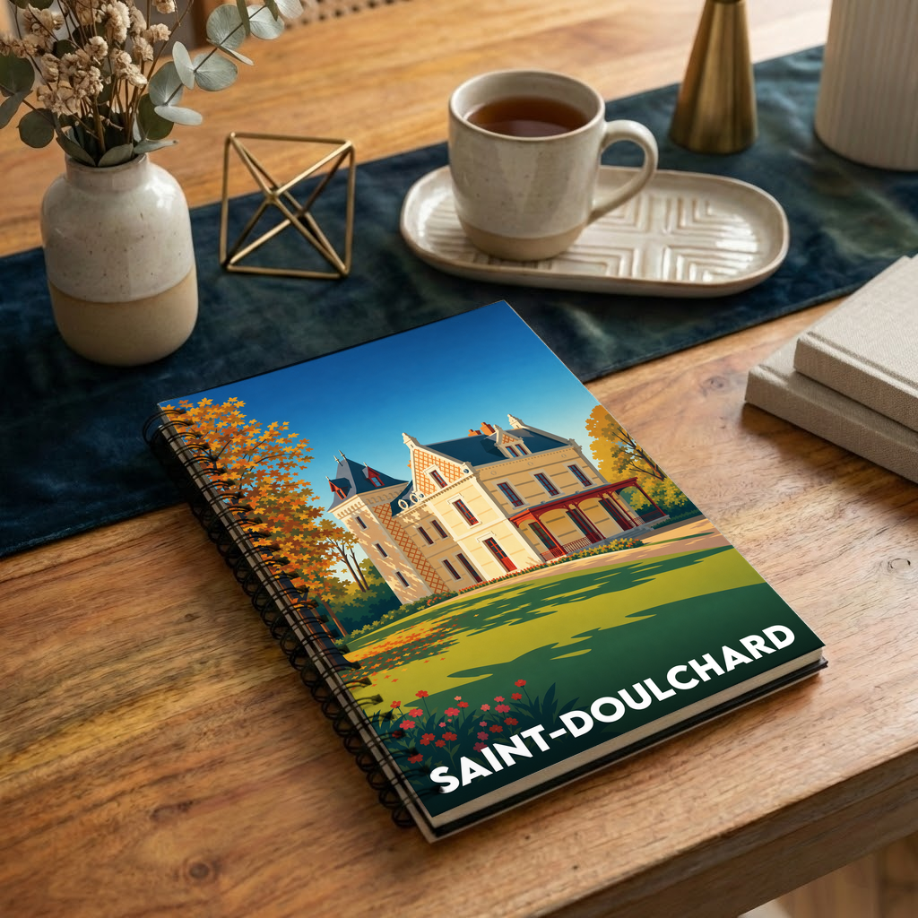 Carnet à spirales souvenir de la ville de Saint-Doulchard avec une illustration stylisée d'un château.