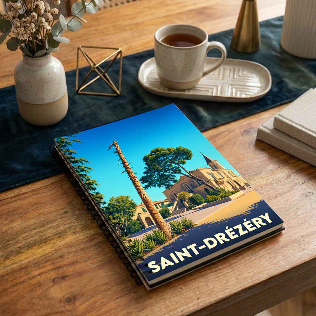 Carnet souvenir de la ville de Saint-Drézéry avec une illustration stylisée d'un paysage urbain ensoleillé.