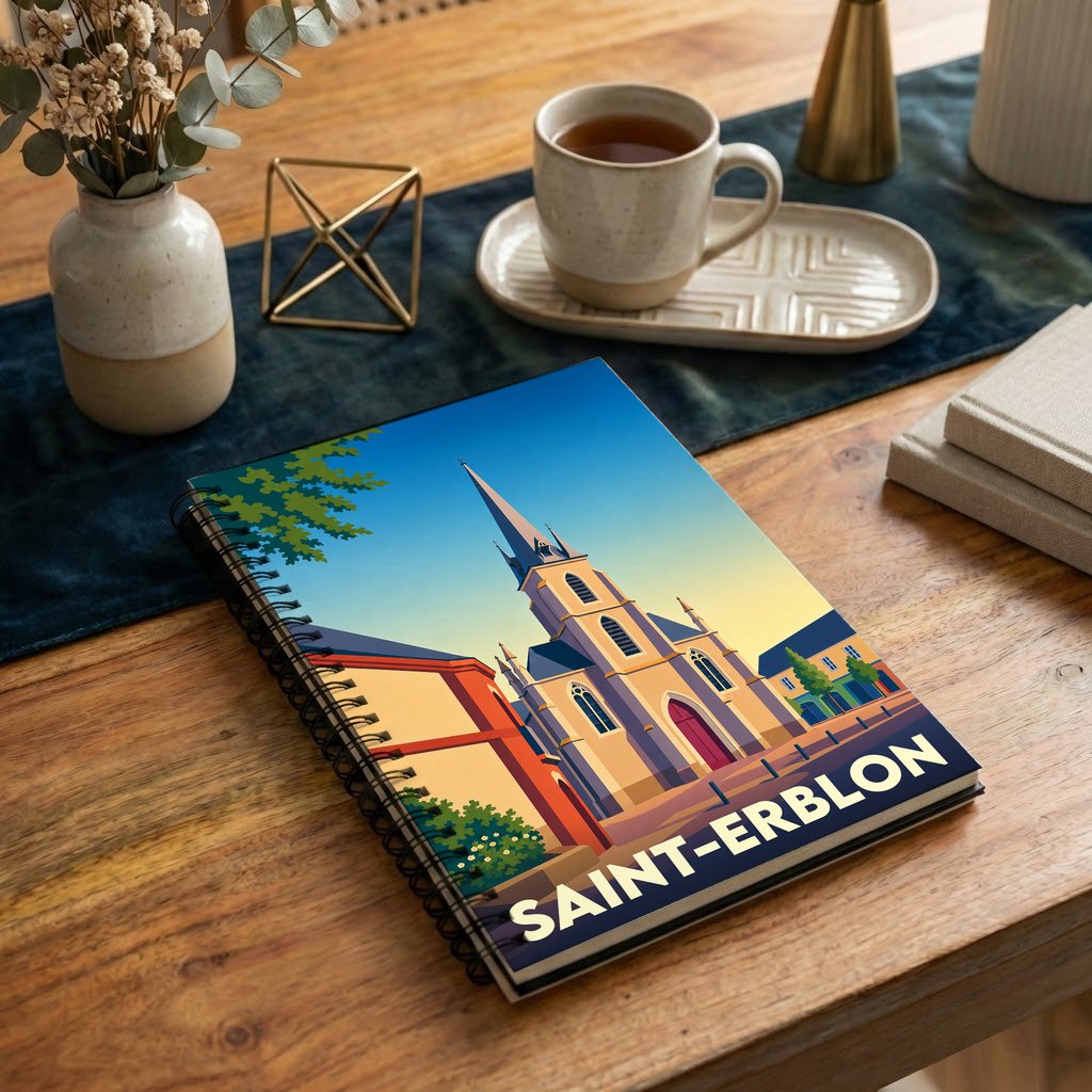 Carnet à spirales souvenir de la ville de Saint-Erblon avec une illustration stylisée de son église.