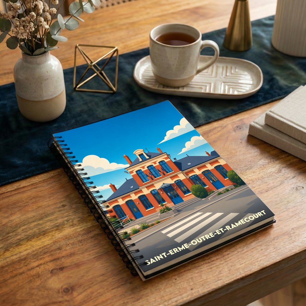 Carnet à spirales souvenir de la ville de Saint-Erme-Outre-et-Ramecourt avec une illustration stylisée de sa gare.