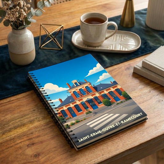 Carnet à spirales souvenir de la ville de Saint-Erme-Outre-et-Ramecourt avec une illustration stylisée de sa gare.