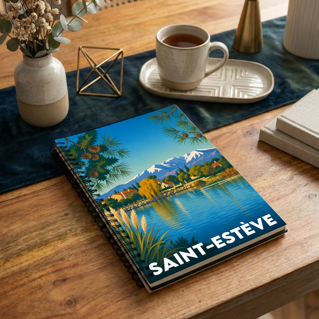 Carnet souvenir de la ville de Saint-Estève avec une illustration stylisée de paysage.