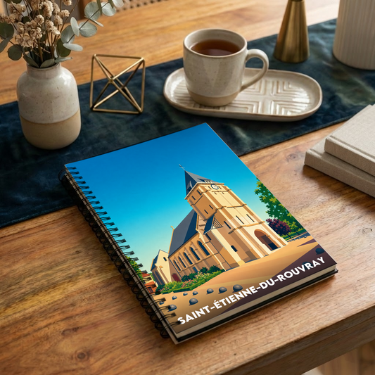 Carnet souvenir de la ville de Saint-Étienne-du-Rouvray illustré d'un dessin stylisé de son église.