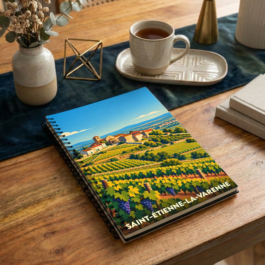 Carnet à spirales souvenir de Saint-Étienne-la-Varenne illustré d'un paysage de vignobles stylisé.