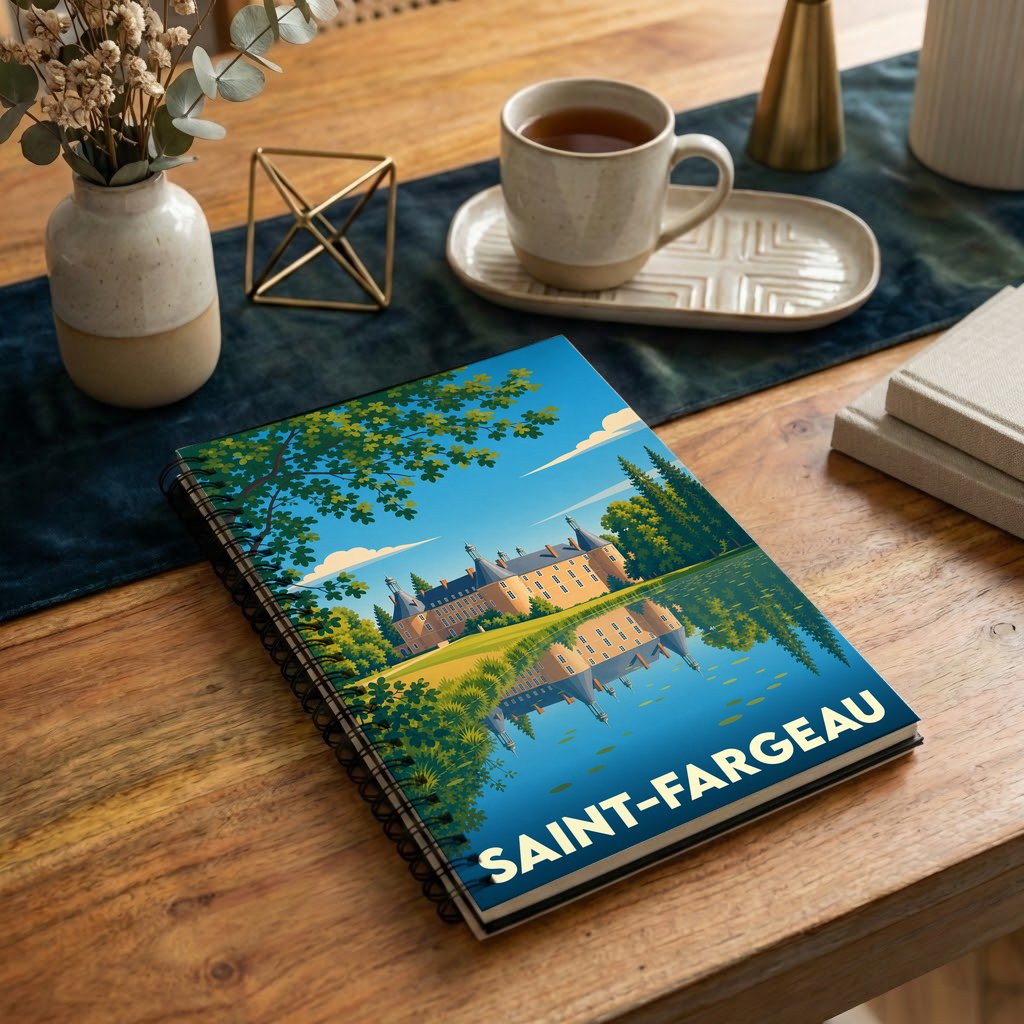 Carnet à spirales souvenir de la ville de Saint-Fargeau avec une illustration stylisée de son château se reflétant dans l'eau.