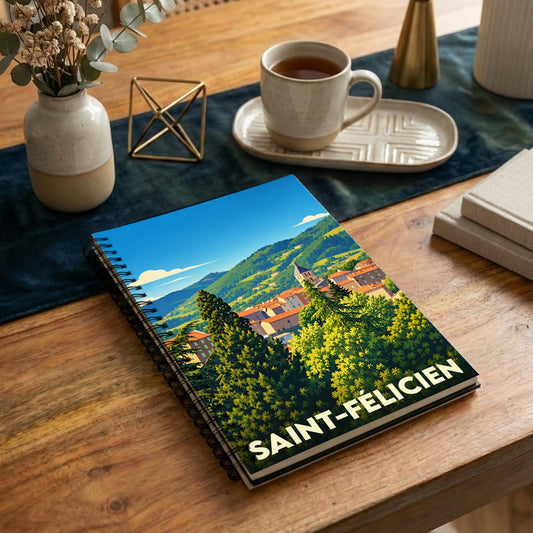 Carnet à spirales souvenir de Saint-Félicien orné d'une illustration stylisée de la ville et de ses paysages verdoyants.