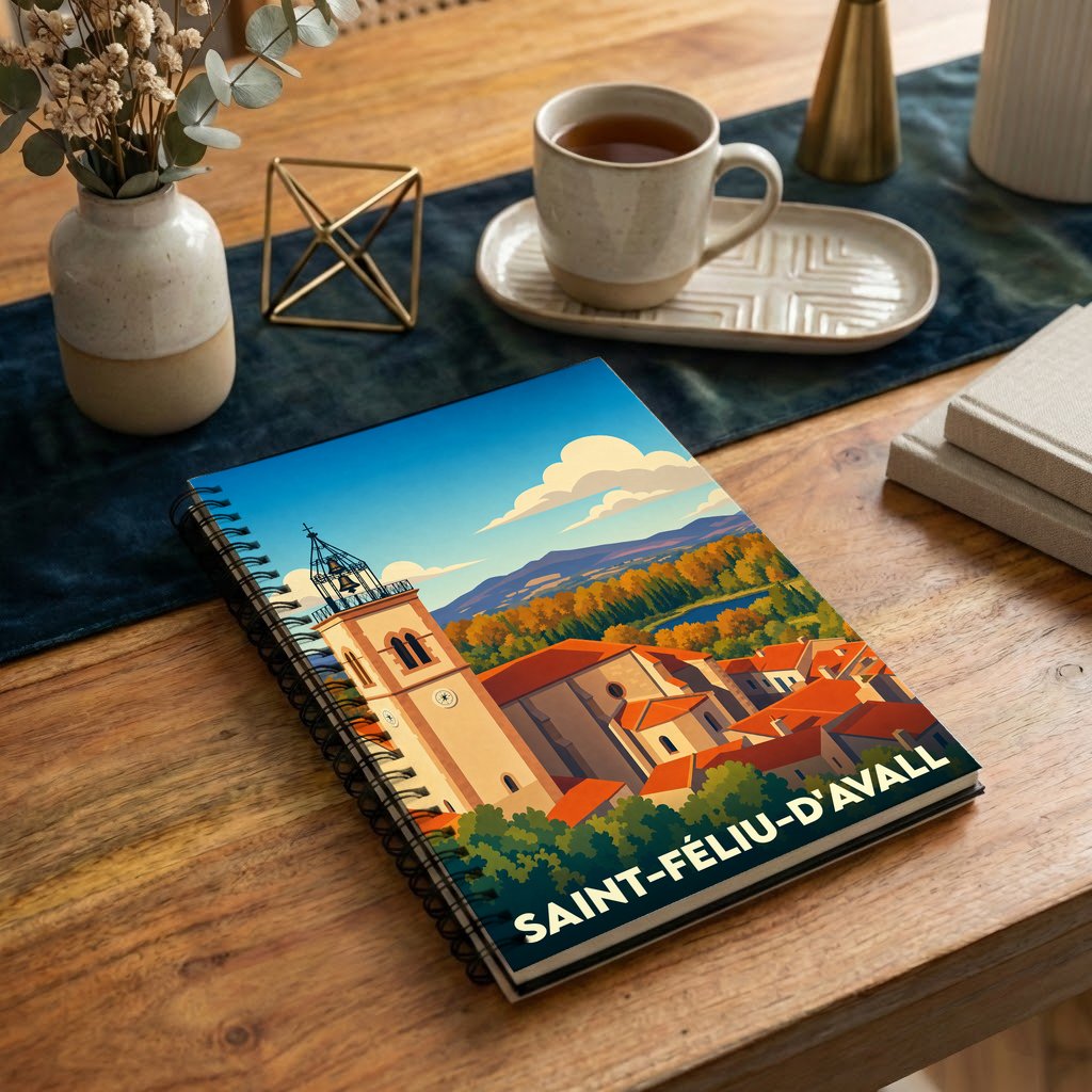 Carnet de notes à spirales avec une illustration stylisée de la ville de Saint-Féliu-d'Avall.