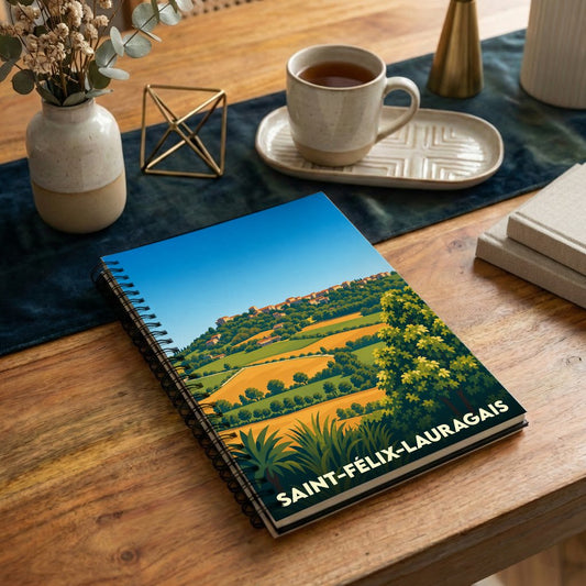 Carnet à spirales souvenir de la ville de Saint-Félix-Lauragais avec une illustration de paysage stylisée.