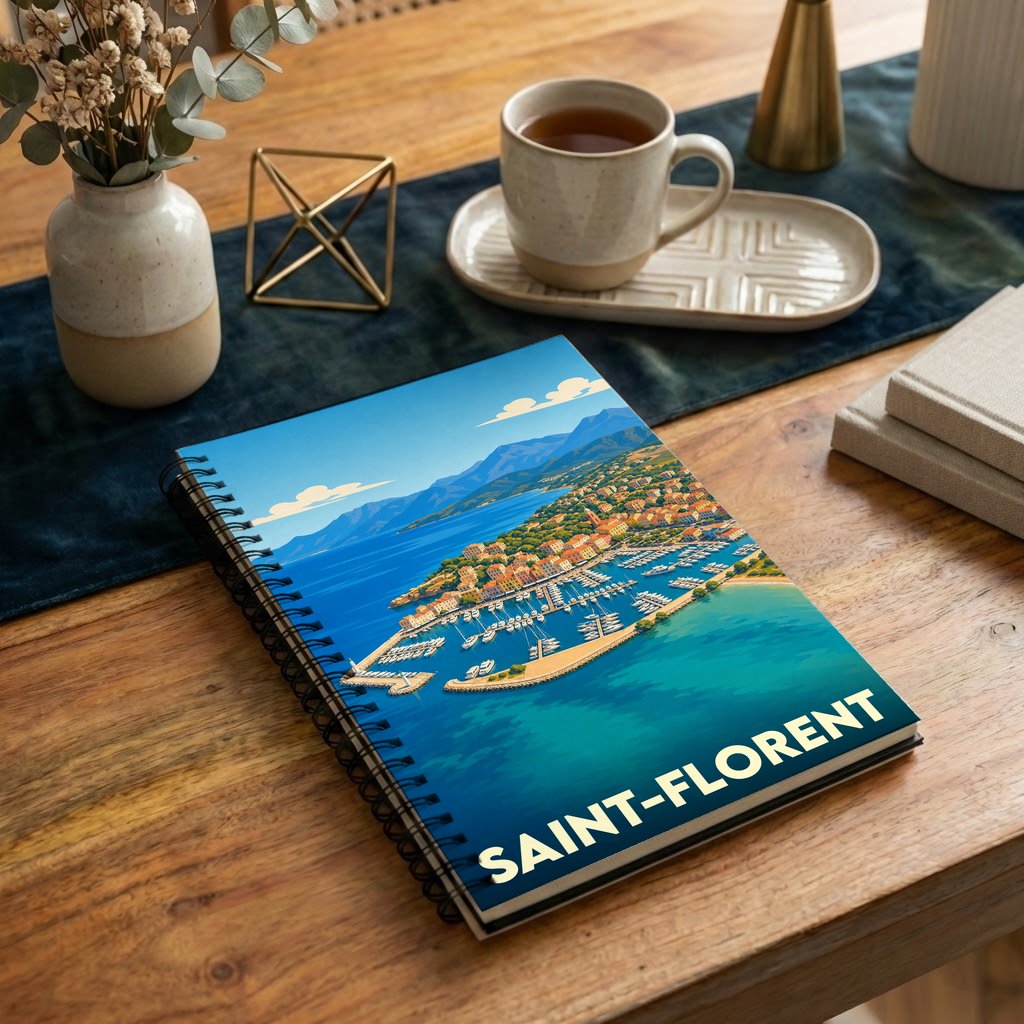 Carnet souvenir de la ville de Saint-Florent avec une illustration stylisée du port et de la baie.