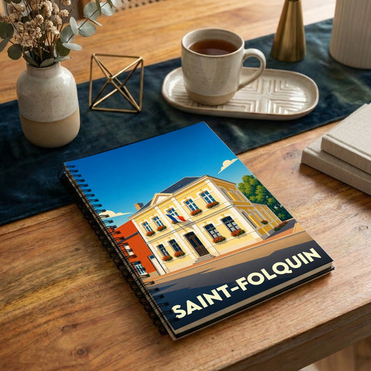 Carnet souvenir de la ville de Saint-Folquin avec une illustration stylisée de sa mairie.