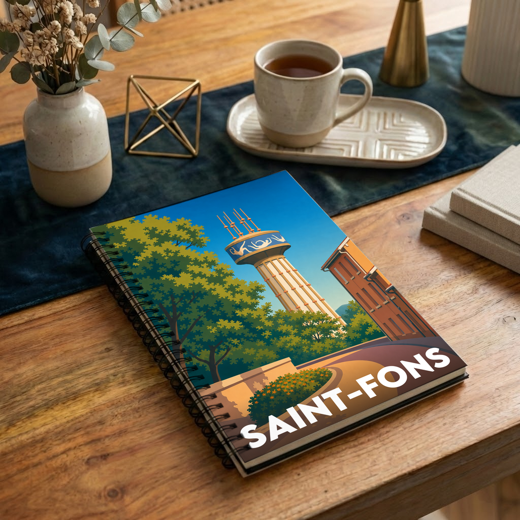 Carnet souvenir de la ville de Saint-Fons avec une illustration stylisée.
