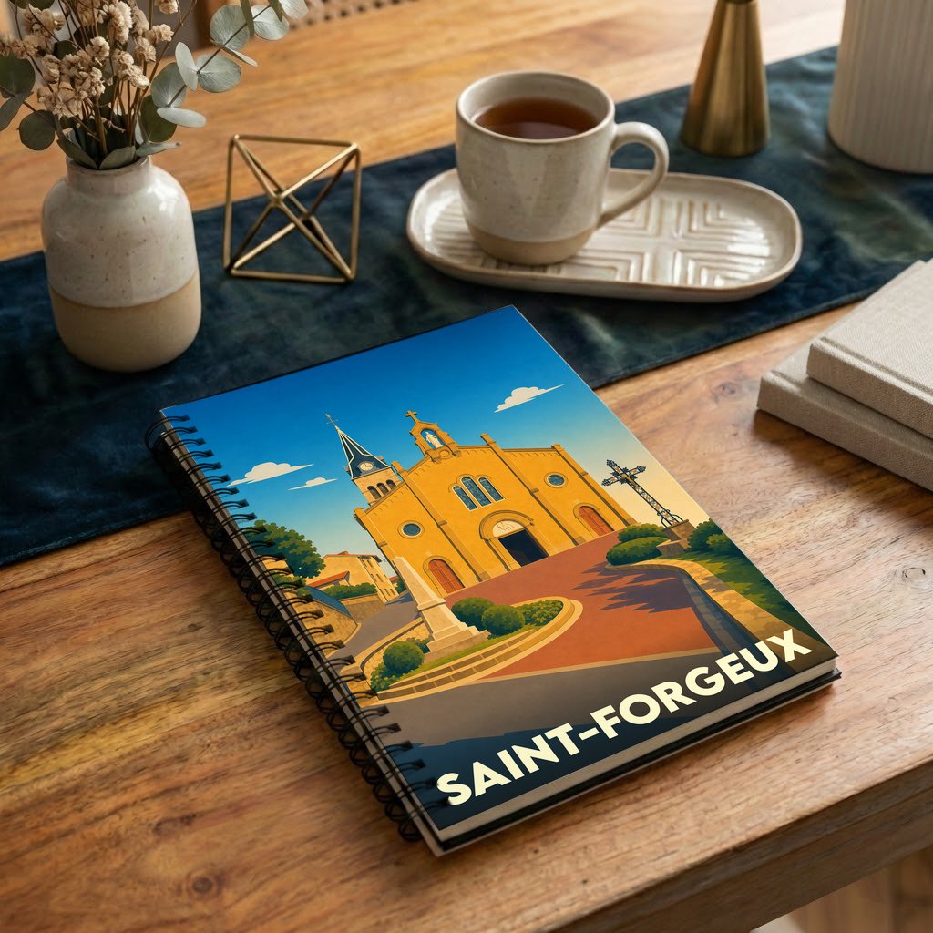 Carnet souvenir de la ville de Saint-Forgeux avec une illustration stylisée de son église.