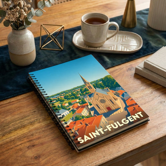 Carnet souvenir de la ville de Saint-Fulgent avec une illustration stylisée de son église et de ses toits.