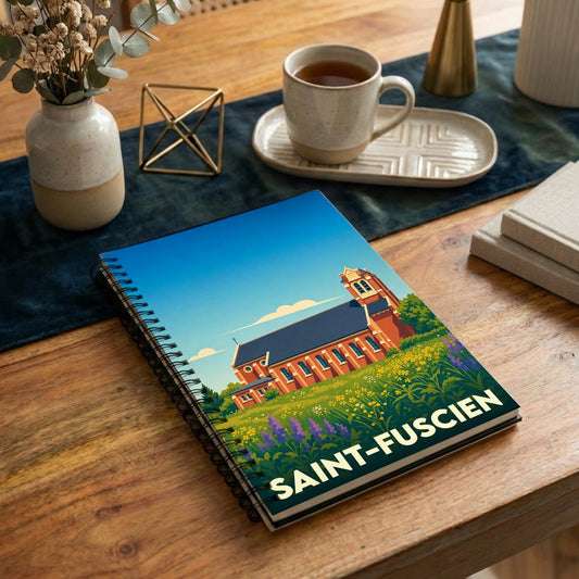 Carnet souvenir de la ville de Saint-Fuscien avec une illustration stylisée d'une église dans un champ de fleurs.