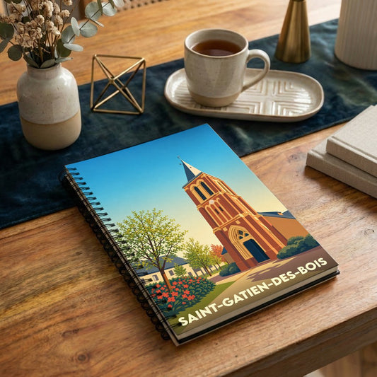 Carnet souvenir de la ville de Saint-Gatien-des-Bois avec une illustration stylisée de son église.