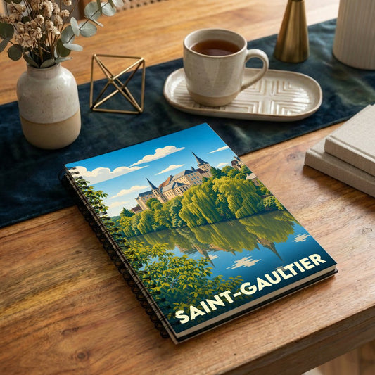 Carnet à spirales souvenir de la ville de Saint-Gaultier orné d'une illustration stylisée de son patrimoine au bord de l'eau.