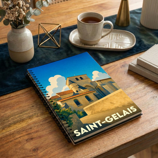 Carnet à spirales souvenir de la ville de Saint-Gelais avec une illustration stylisée de son patrimoine.