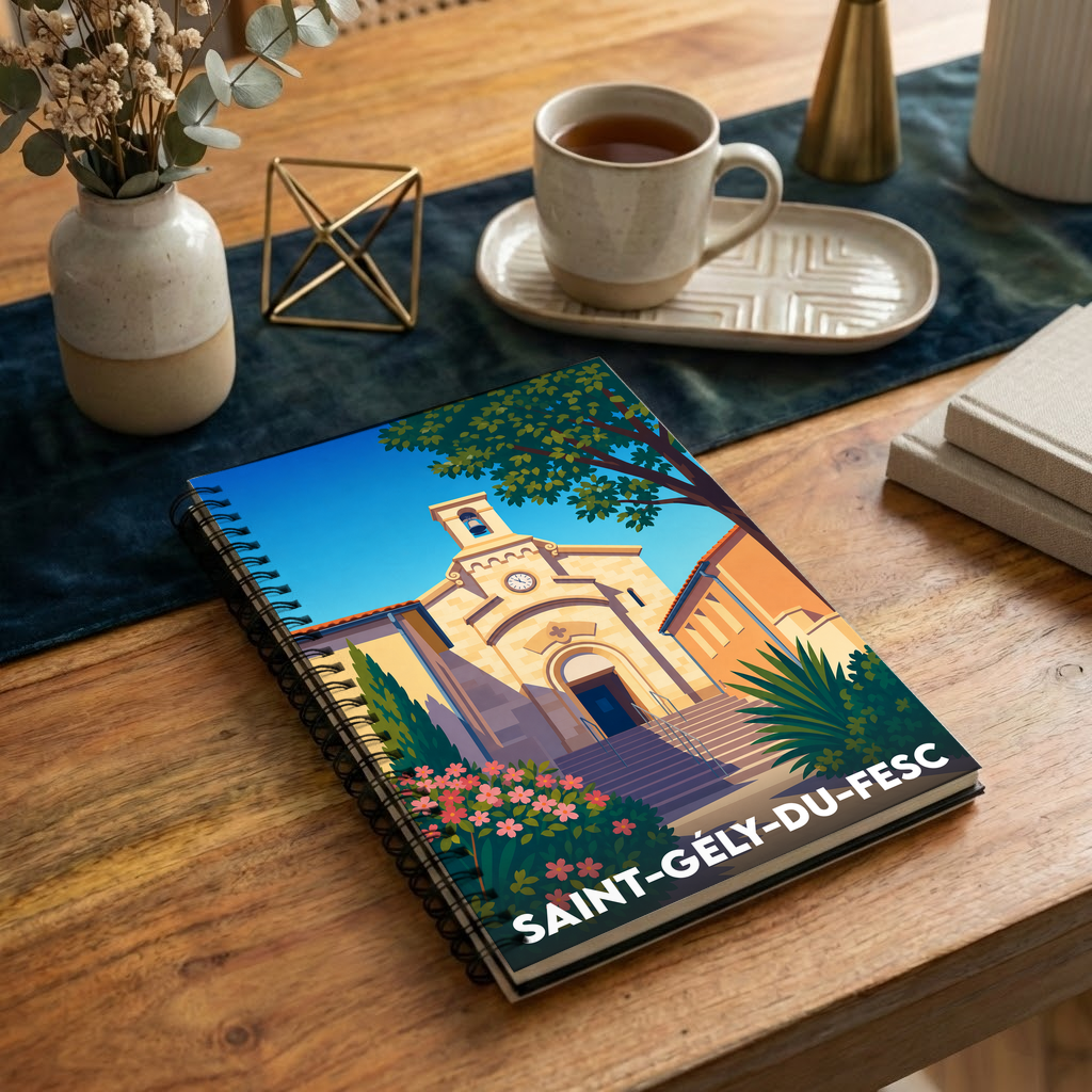 Carnet souvenir de la ville de Saint-Gély-du-Fesc avec une illustration stylisée de son église.