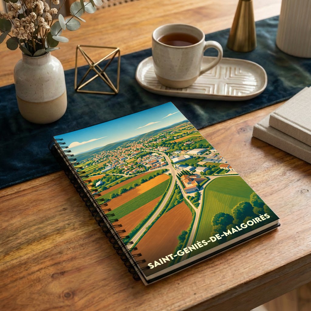 Carnet à spirales souvenir de Saint-Geniès-de-Malgoirès illustré par une vue aérienne stylisée de la ville et ses champs.