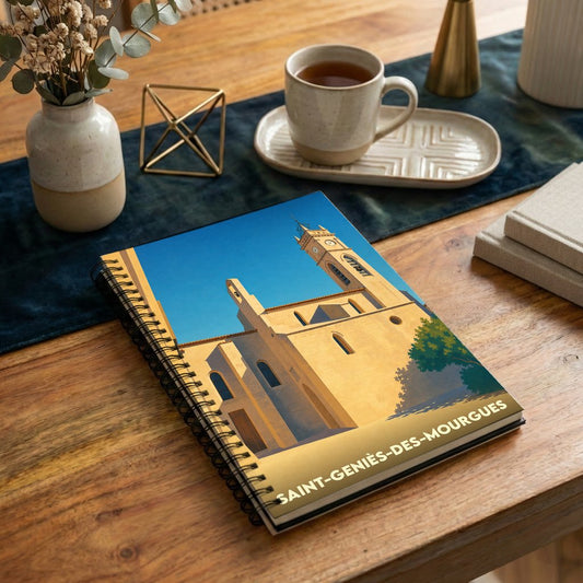 Carnet souvenir de la ville de Saint-Geniès-des-Mourgues avec une illustration stylisée de son église sous un ciel bleu.