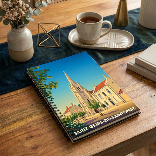 Carnet souvenir de la ville de Saint-Genis-de-Saintonge avec une illustration stylisée de son église.
