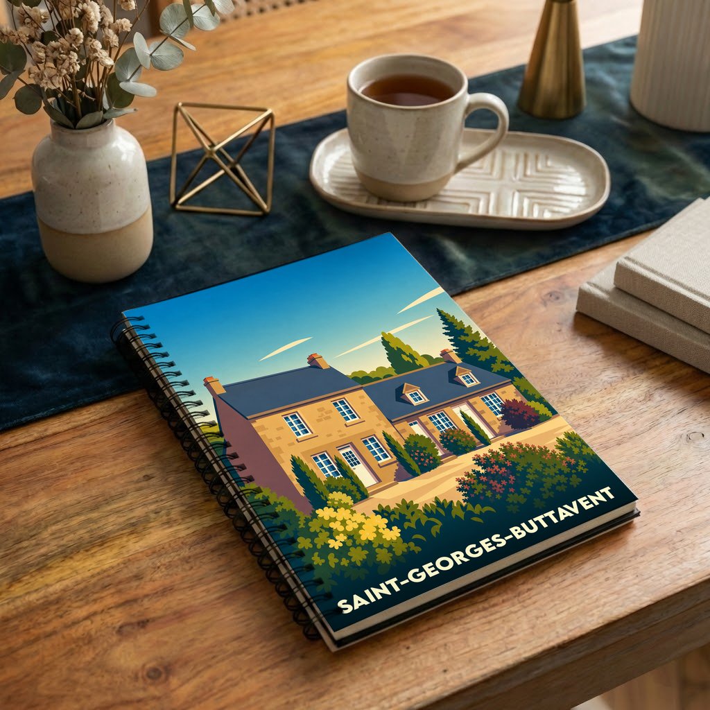 Carnet souvenir de la ville de Saint-Georges-Buttavent avec une illustration stylisée d'une maison traditionnelle.