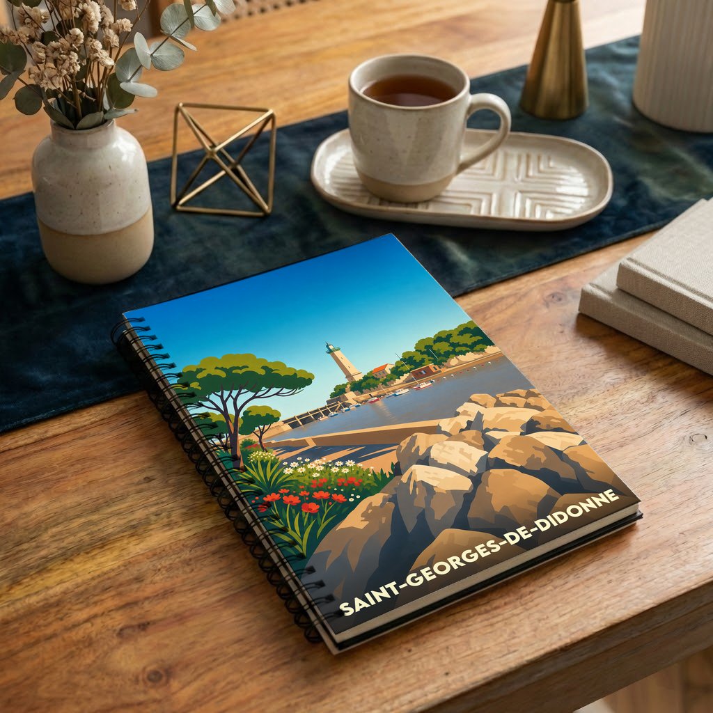 Carnet de notes souvenir de la ville de Saint-Georges-de-Didonne avec une illustration stylisée de son phare et de sa côte.