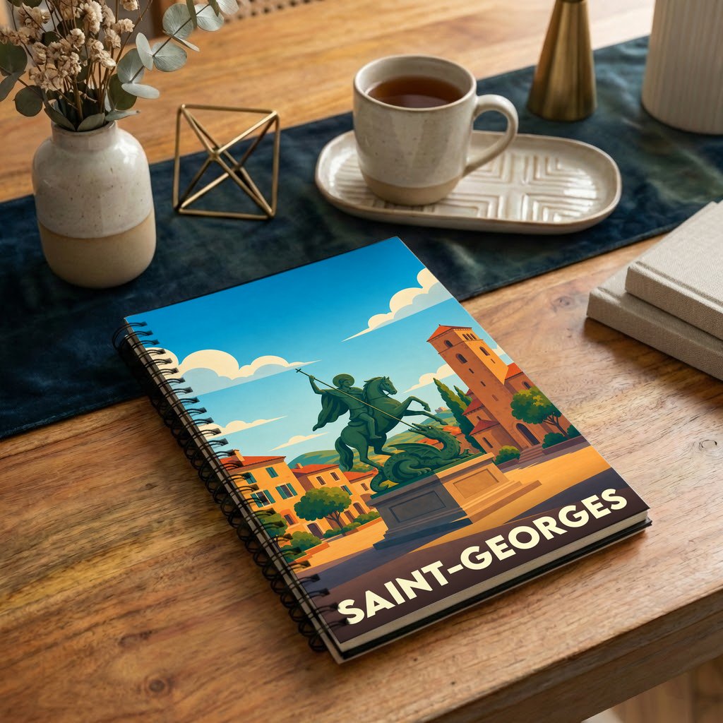 Carnet souvenir de la ville de Saint-Georges avec une illustration stylisée d'une statue équestre.