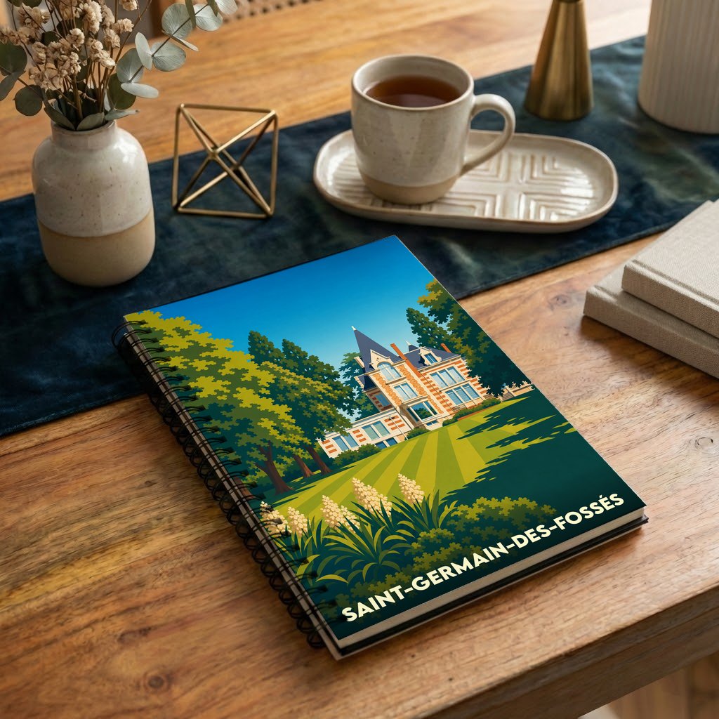 Carnet souvenir de la ville de Saint-Germain-des-Fossés avec une illustration stylisée d'un manoir et de son parc.