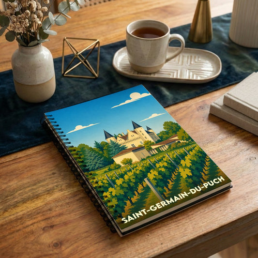 Carnet à spirales souvenir de la ville de Saint-Germain-du-Puch avec une illustration stylisée de son paysage et château.