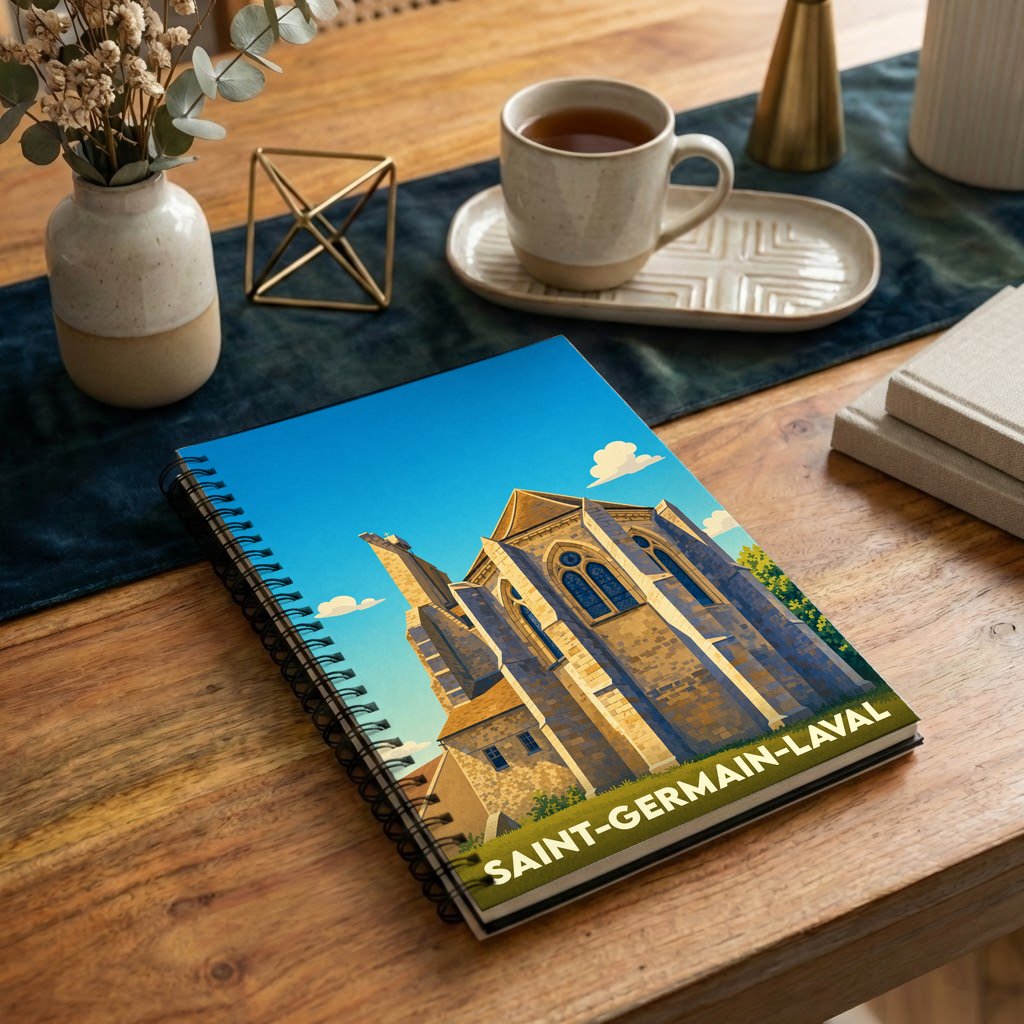 Carnet souvenir de la ville de Saint-Germain-Laval avec une illustration stylisée de son église.