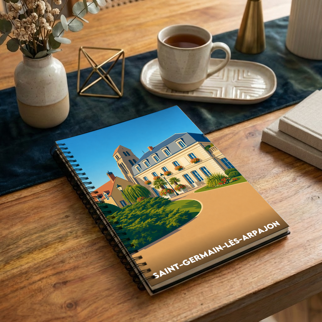 Carnet souvenir de la ville de Saint-Germain-lès-Arpajon illustré d'un dessin stylisé de son patrimoine.