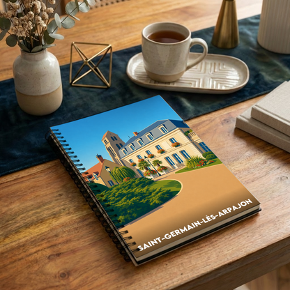 Carnet souvenir de la ville de Saint-Germain-lès-Arpajon illustré d'un dessin stylisé de son patrimoine.