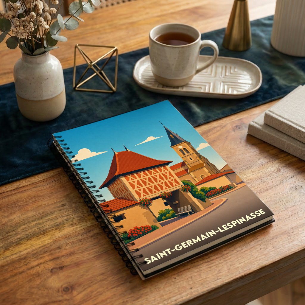 Carnet souvenir de la ville de Saint-Germain-Lespinasse avec une illustration stylisée.