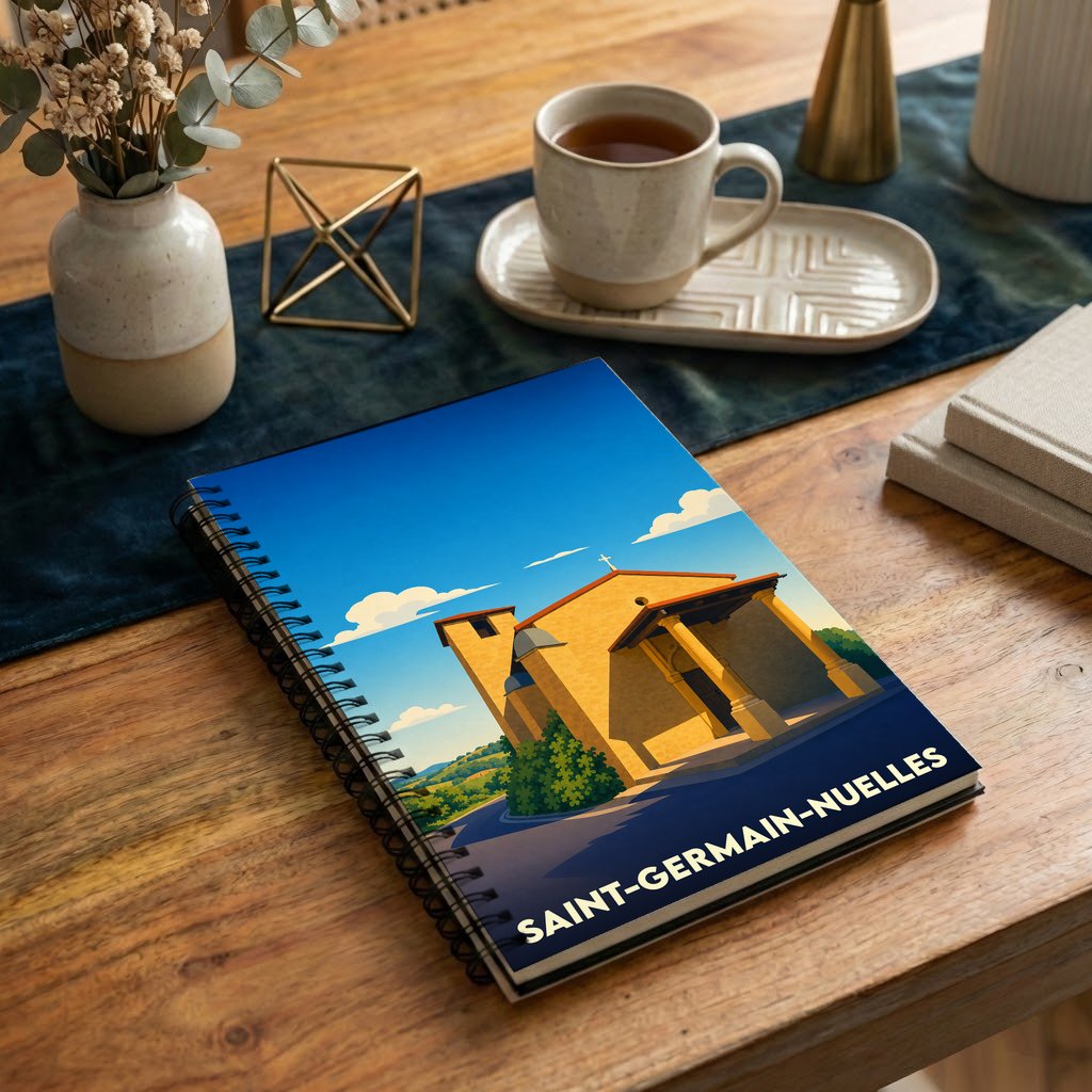 Carnet de notes souvenir de la ville de Saint-Germain-Nuelles avec une illustration stylisée de son église.