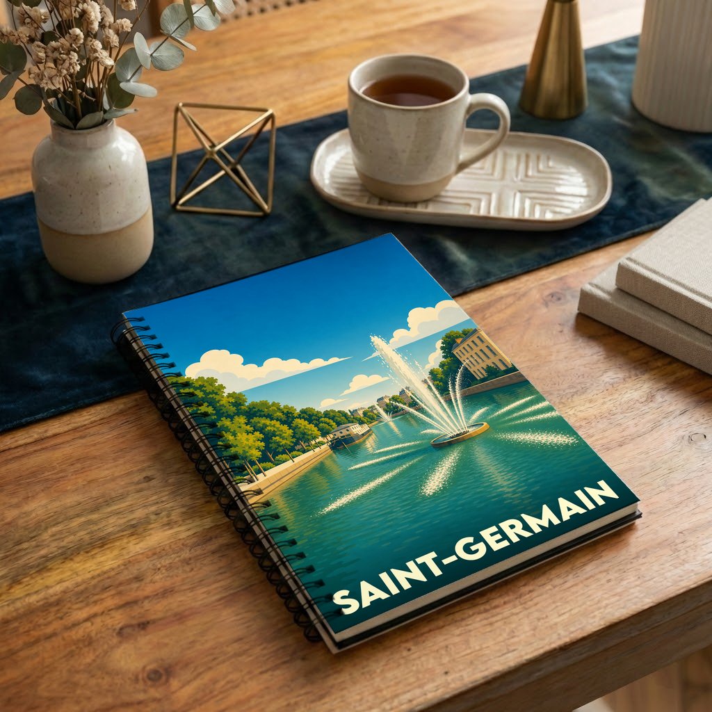 Carnet à spirales souvenir de la ville de Saint-Germain avec une illustration stylisée de son parc et de ses jets d'eau.