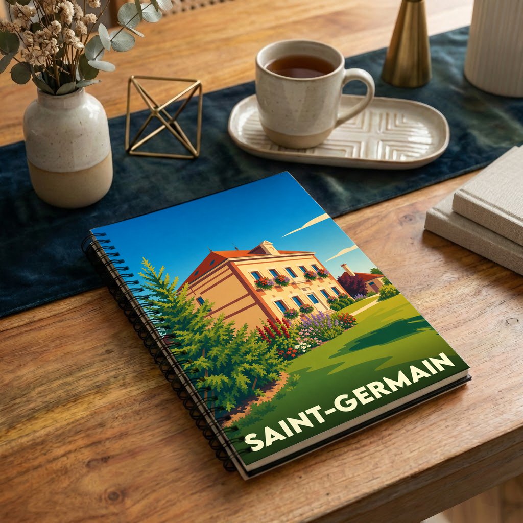 Carnet souvenir de la ville de Saint-Germain avec une illustration stylisée d'une maison bourgeoise et son jardin.