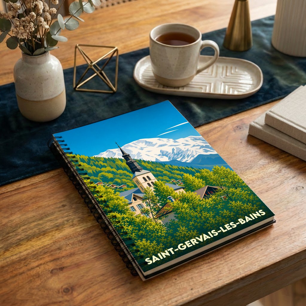 Carnet souvenir à spirale de la ville de Saint-Gervais-les-Bains avec une illustration stylisée de son église et du mont Blanc.