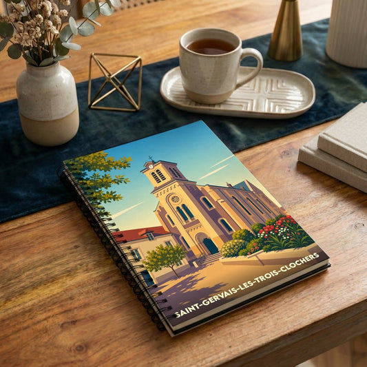 Carnet souvenir de la ville de Saint-Gervais-les-Trois-Clochers avec une illustration stylisée de son église.