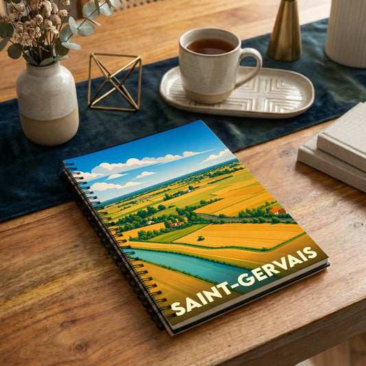 Carnet souvenir de la ville de Saint-Gervais avec une illustration stylisée de paysages ruraux.